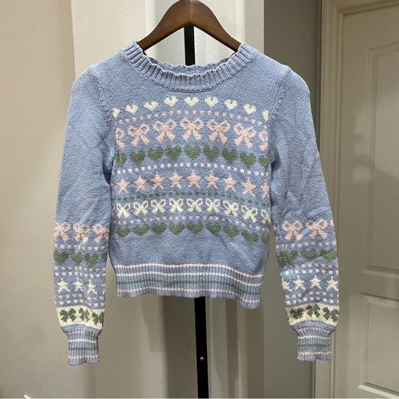 LoveShackFancy Womens Zaheer Pullover Feminine Heart Bow Sweater Pink Blue XS - Picture 2 of 11